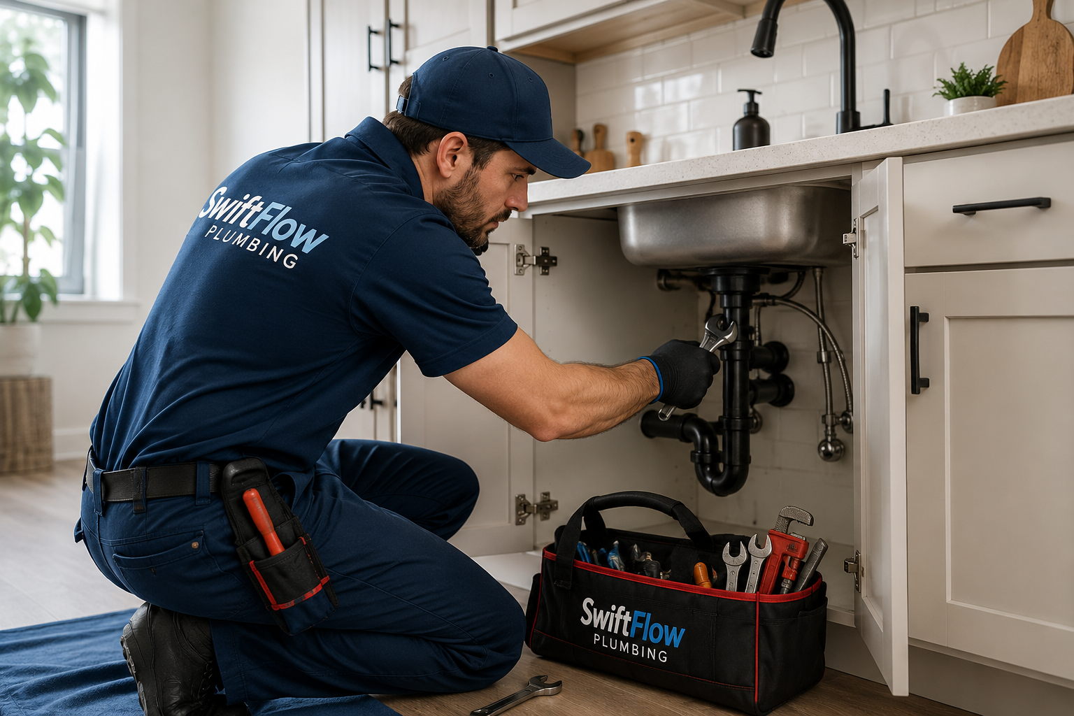 SwiftFlow plumber performing under-sink repairs in a family kitchen